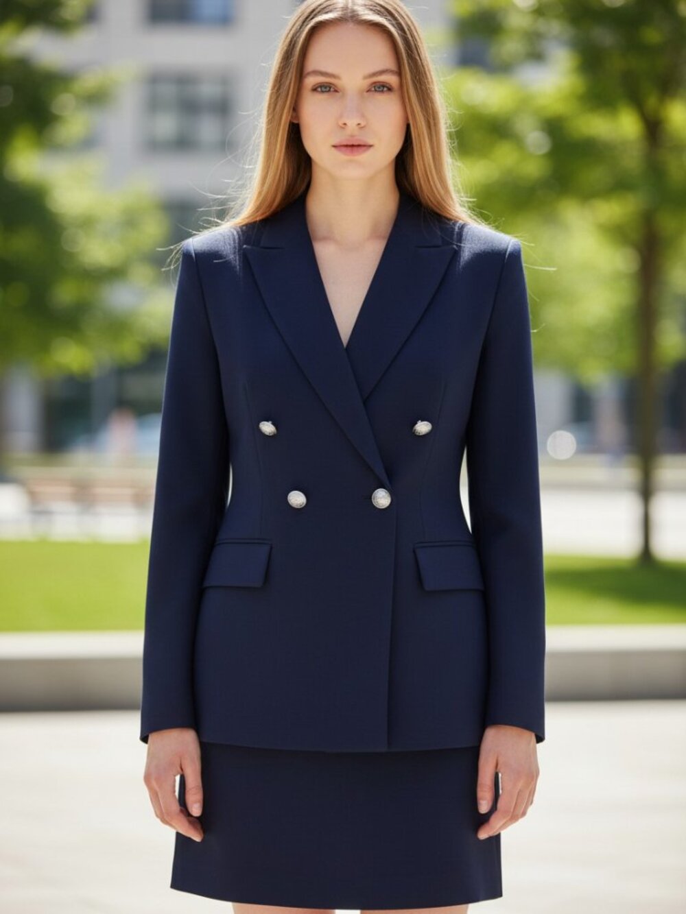 Le Suit Navy Blue Double Breasted Blazer Skirt Suit Set Women Size 14
